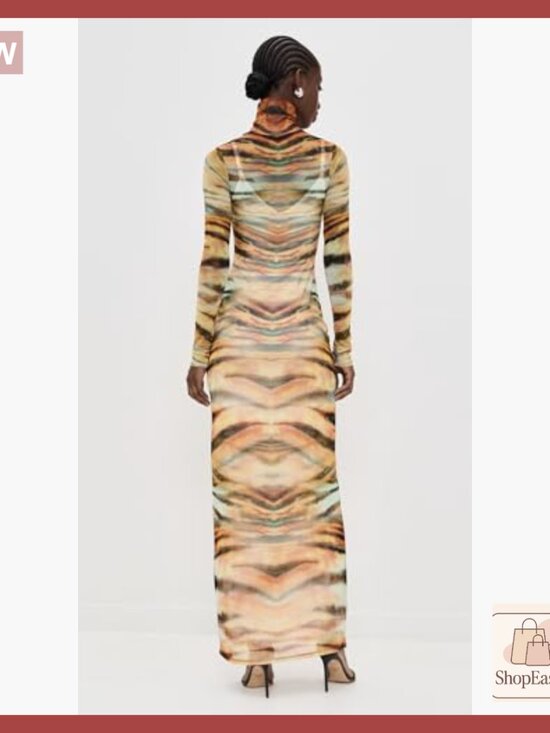 Maxi Mesh Dress Elegant Chic Casual Long Sleeve Mock Neck Stretch Pullover - Picture 3 of 6